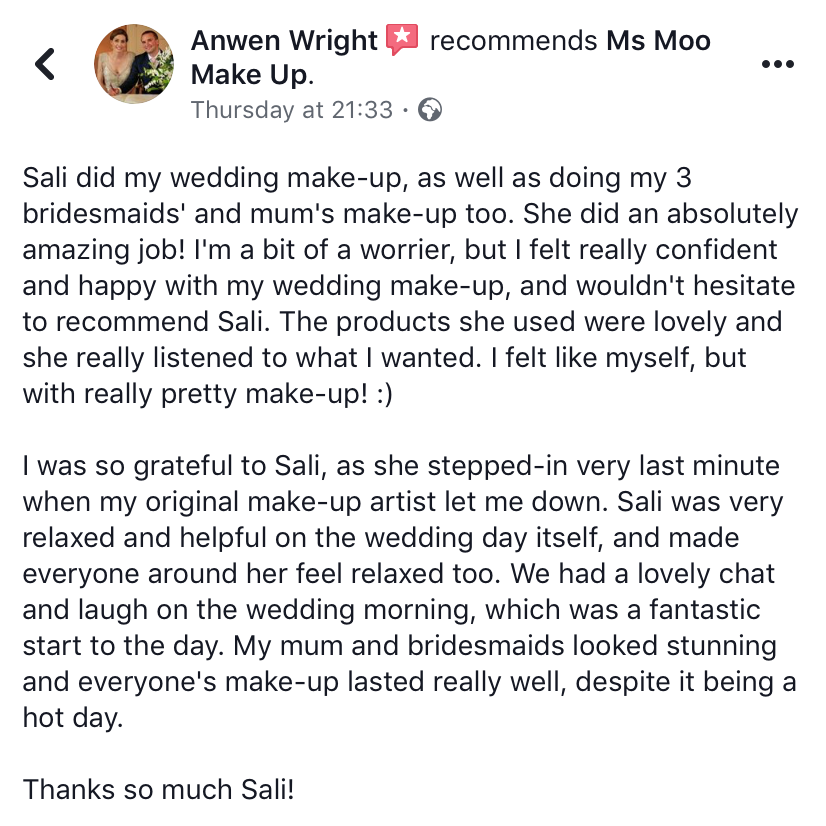 Wedding makeup review for Ms Moo Make Up