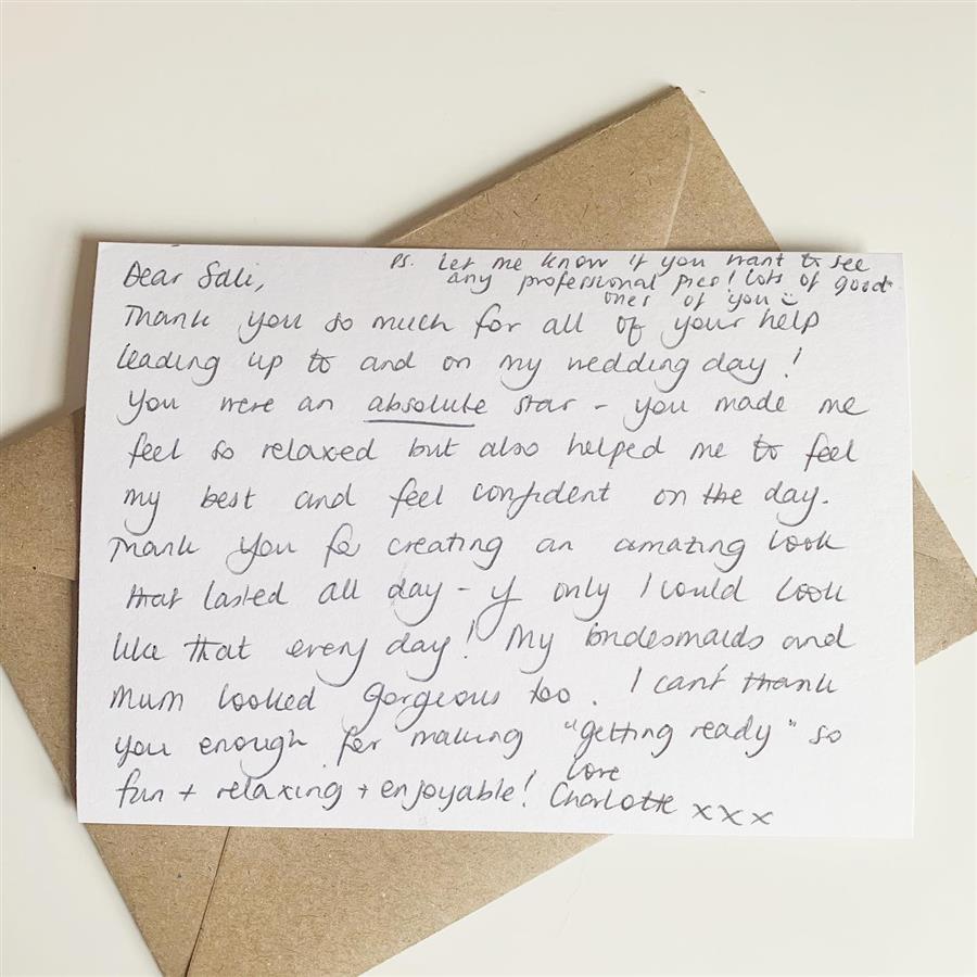 Thank you note from bride to Ms Moo Make Up