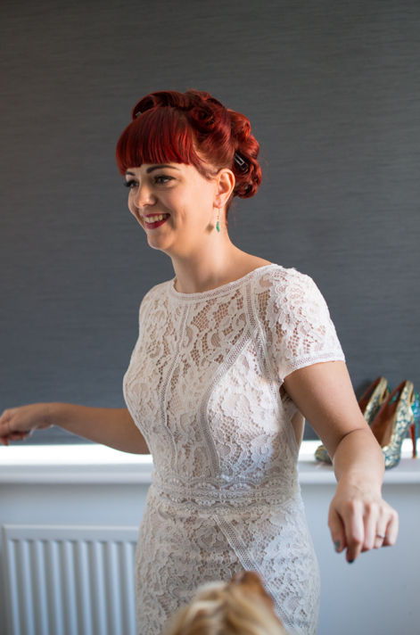 White lace wedding dress on vintage bride