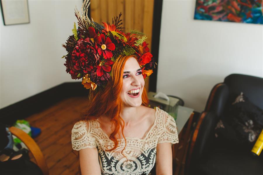 Large wedding flower crown on bride