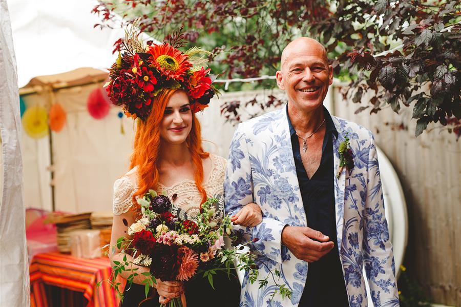 Father of the bride walking to wedding with CC Millinery Creations