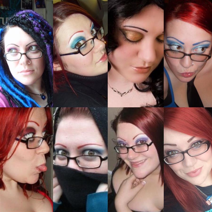 Various photos of Ms Moo wearing glasses with different eyebrow shapes