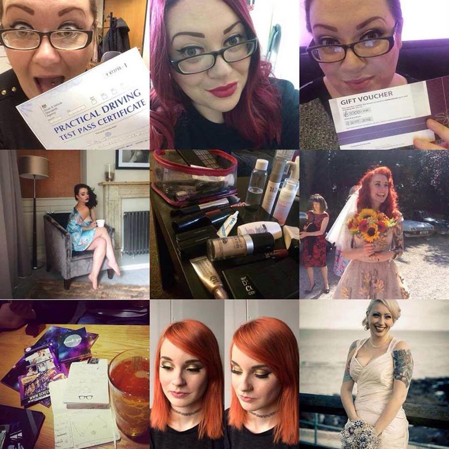 Collage of photos with makeup, brides, examples of makeup, purple hair, red hair, gold eyeshadow and practical driving pass certificate
